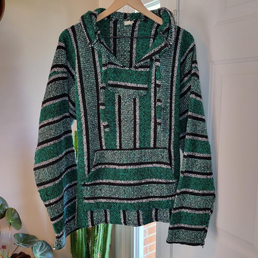 Baja Cotton Bohemian Boho Green Hoodie, Size Mens Medium Pulloverβ Sweatshirt
